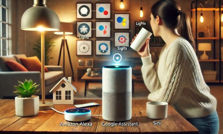 A person using a voice assistant like Amazon Alexa, Google Assistant, or Siri to control smart home devices in a modern living room.
